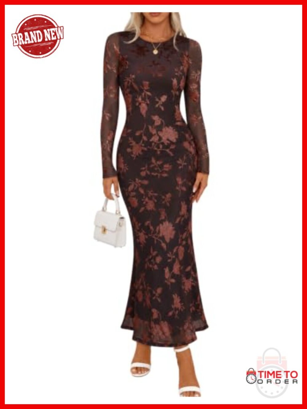 Women Cocktail Maxi Dress Floral Velvet Long Sleeve Bodycon Wedding Guest